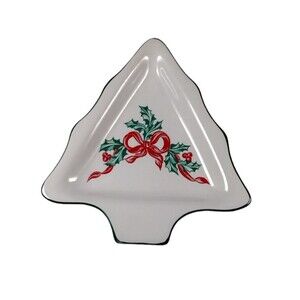 VIntage Stoneware Candy Trinket Dish Christmas Holiday Tree Shape Holly Ribbon